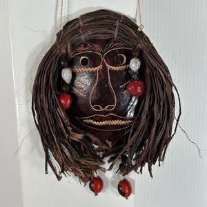 Mexico Handmade Coconut Shell Primitive Rustic Hanging Brown Mask With Beading